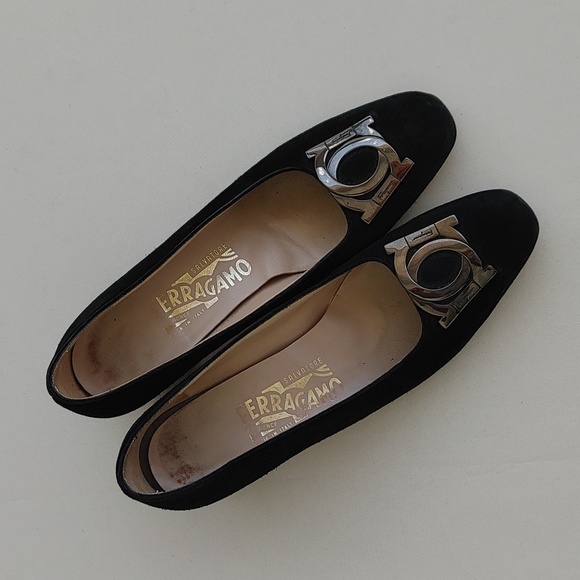 FERRAGAMO black suede slip on kitten heels logo 7 AA - Picture 1 of 15